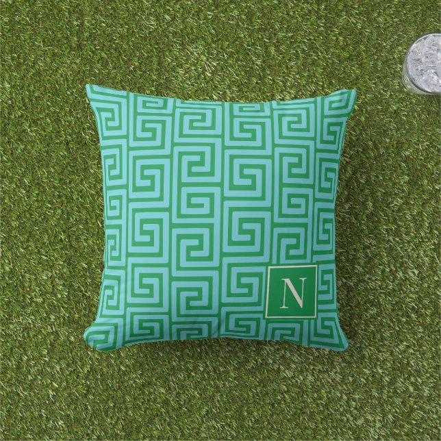 Coussin Clé grecque preppy Monogramme – Turquoise & Vert (Herbe)