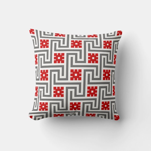 Coussin Clé grecque, rouge, blanc et gris / gris (Recto)