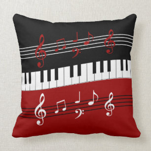 Coussin Clés et notes de piano blanc rouge noir élégant