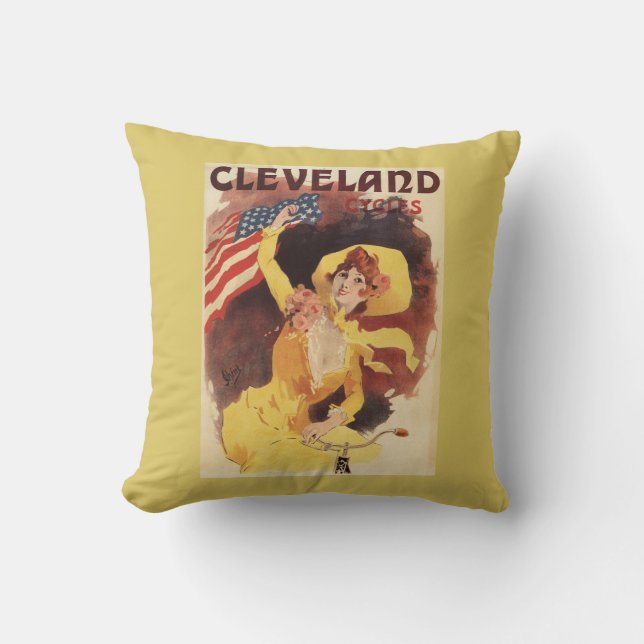 Coussin Cleveland va à vélo la fille américaine en jaune (Recto)