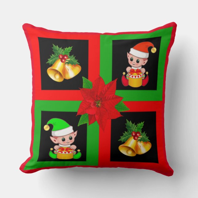 Coussin Cloches de Noël & elfe sur noir, vert & rouge (Recto)