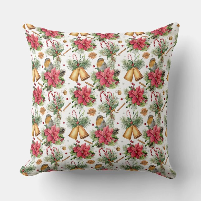 Coussin Cloches de Noël, Oiseaux et Poinsettias (Recto)