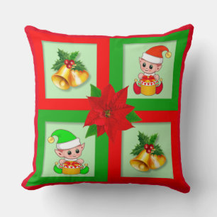 Coussin cloches de Noël, poinsettia, elfe sur fond vert et
