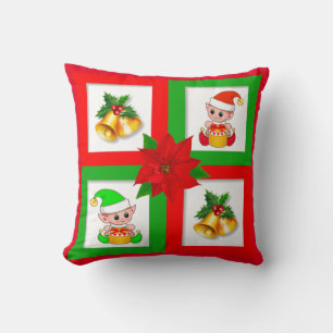 Coussin Cloches de Noël, poinsettia, elfe sur vert & rouge