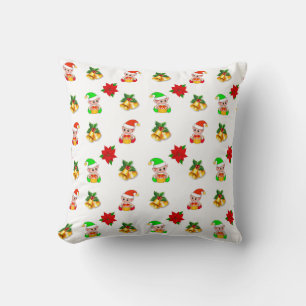 Coussin Cloches de Noël, poinsettia et décoration de lutin