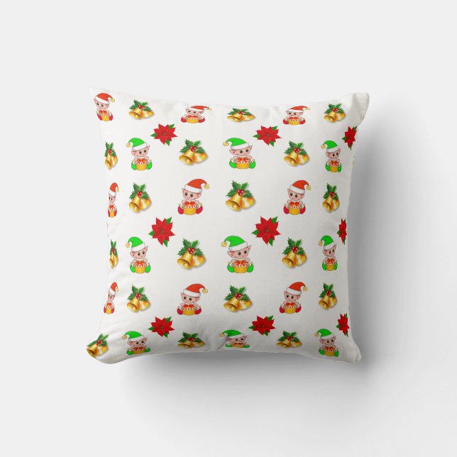 Coussin Cloches de Noël, poinsettia et ornement d'elfe mig (Recto)