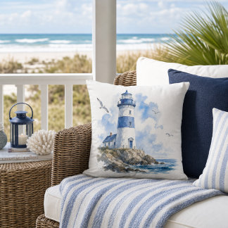 Coussin Coastal Living Phare Bleu sur Fond Blanc