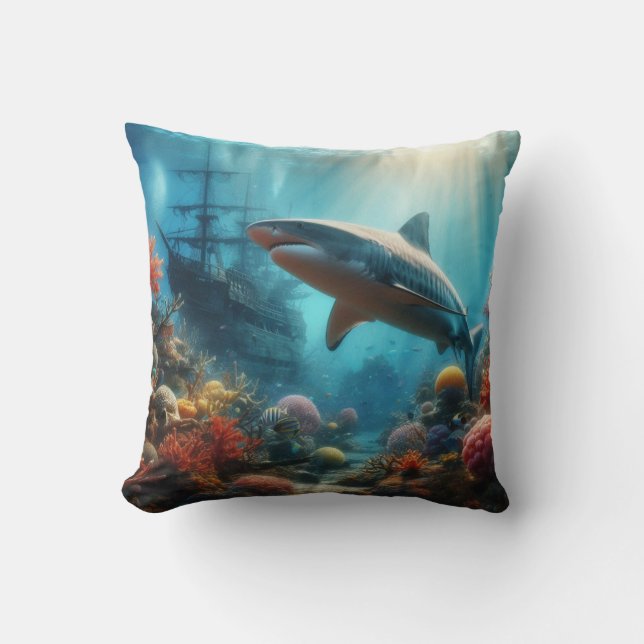 Coussin Coastal/nautical tiger shark & coral reef (Recto)
