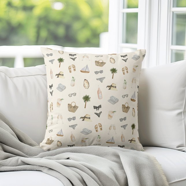 Coussin Coastal Summer Getaway Neutral Watercolor Pattern (Créateur téléchargé)