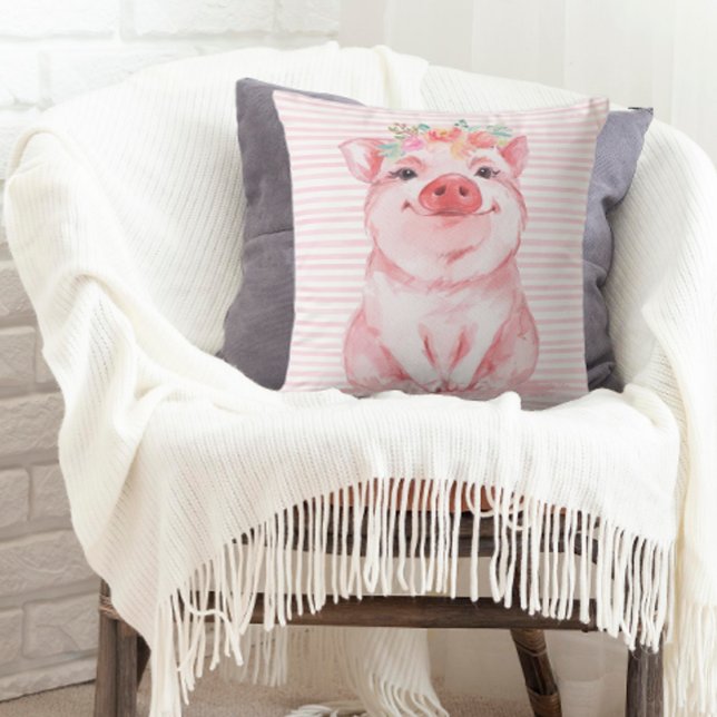Coussin Cochon aquarelle adorable (A throw pillow decorated with an adorable watercolor pig.)