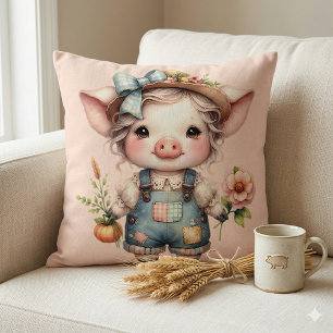 Coussin Cochon Farmcore Mignon en Salopette avec des Fleur