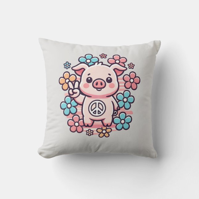Coussin Cochon mignon avec la paix Signal & Fleurs à thème (Recto)