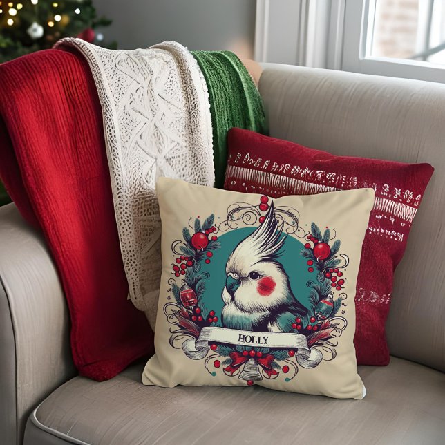 Coussin Cockatiel Animaux de compagnie Nom d'oiseau Sweet  (Christmas Cockatiel personalized pet bird pillow in pretty vintage style and trendy teal and red)