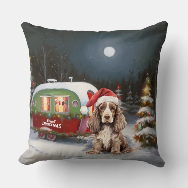 Coussin Cocker d'hiver Spaniel Caravan Christmas Adventure (Recto)