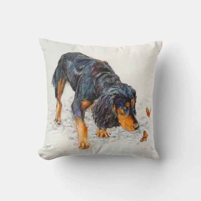 Coussin Cocker noir et bronzage avec des papillons (Recto)