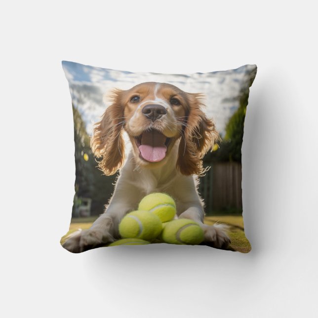 Coussin Cocker 🐕 Spaniel Puppy avec balles de tennis (Recto)