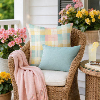 Coussin Cocoon Plaid Aqua Rose Jaune