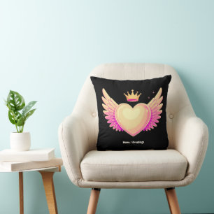 Coussin Coeur d'ange avec ailes roses Cool et couronne Une