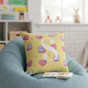 Coussin Cœur de bonbon personnalisé rose et jaune