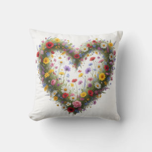 Coussin Cœur de fleurs sauvages colorées -