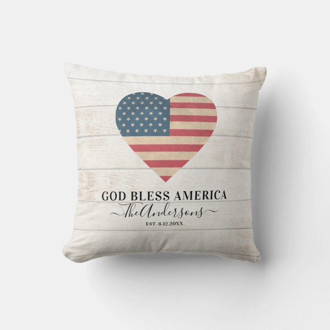 Coussin Coeur du drapeau patriotique rustique 4 juillet (Recto)