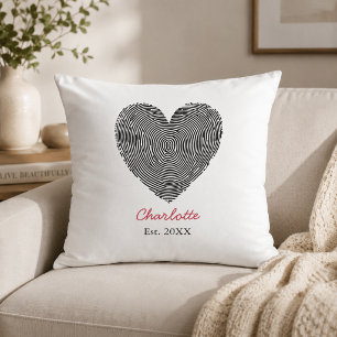 Coussin Cœur Minimaliste Empreinte Digitale Nom Personnali