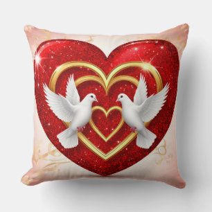 Coussin Cœur Pailleté Rouge Avec Cœurs D'Or Et Colombes Bl