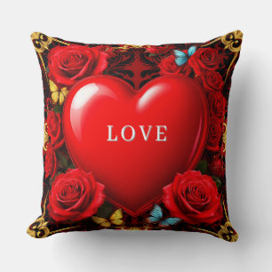 Coussin Cœur rouge romantique encadré de roses et de papil