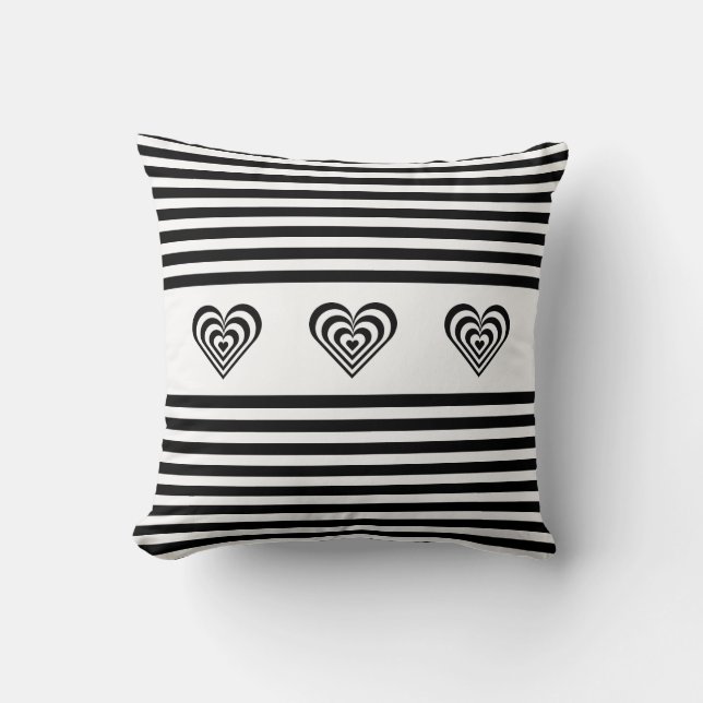 Coussin Coeurs concentrés sur rayés noirs et blancs (Recto)