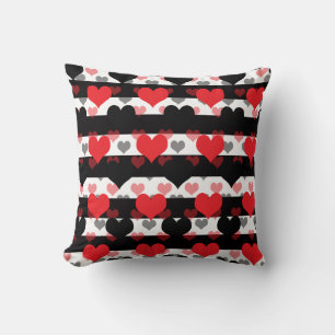Coussin Coeurs d'Amour Noir Rouge Avec Blancs Noir