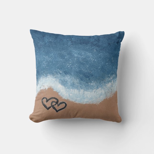Coussin Cœurs dans le Sable par l'Océan (Recto)