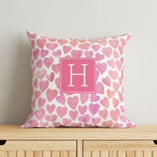 Coussin Coeurs d'aquarelle rose Monogramme