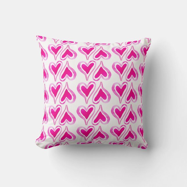 Coussin Coeurs d'aquarelle rose sur blanc (Recto)