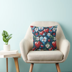 Coussin Coeurs de Noël floraux en bleu rouge et vert
