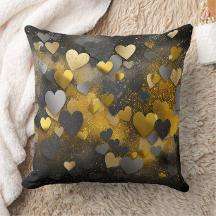 Coussin Coeurs de parties scintillant gris jaune noir