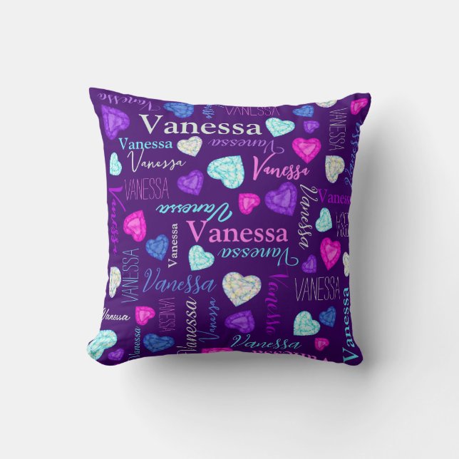 Coussin Coeurs de pierres précieuses nom personnalisé Vane (Recto)