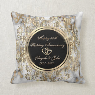Coussin Cœurs dorés tourbillons marbre 50e anniversaire de