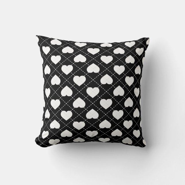 Coussin Coeurs Jacquards : Coeurs blancs en noir (Recto)