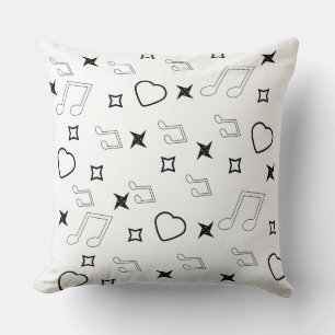 Coussin Coeurs musicaux minimaux et étoiles Doodles Noir
