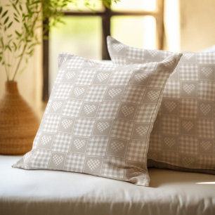 Coussin Cœurs patchwork à carreaux buffle beige