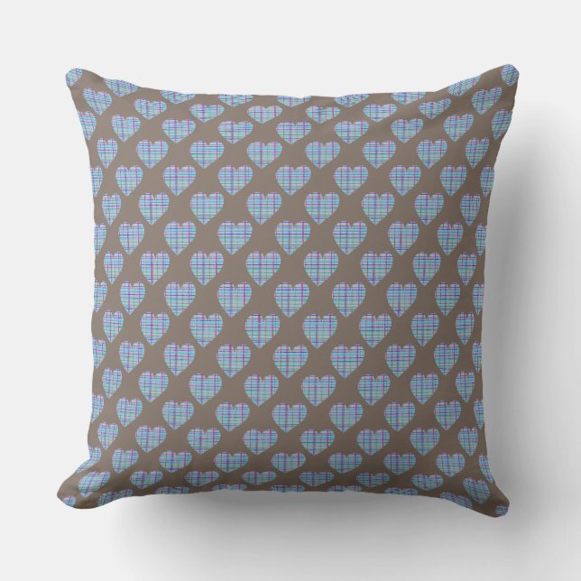 Coussin Coeurs rayés bleus sur brun foncé (Recto)