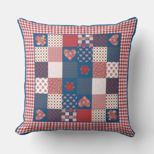 Coussin Coeurs, roses rouge, blanc, Faux-Patchwork bleu