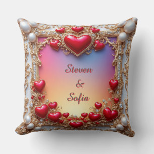 Coussin Cœurs rouges ornés d'or et de perles