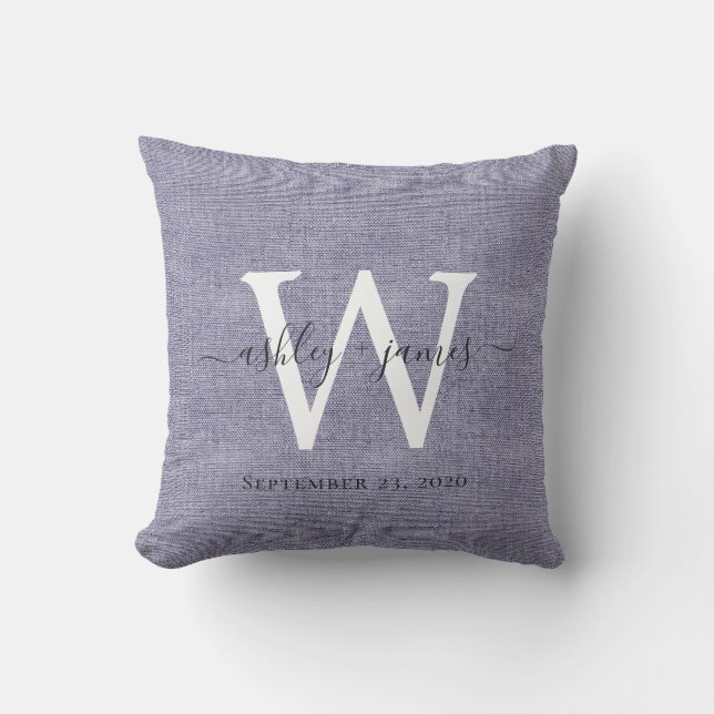 Coussin Coffret de mariage en lin bleu avec monogramme bla (Recto)