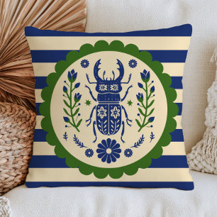 Coussin Coléoptère Floral Insecte Bleu Rayé Rétro Art Popu