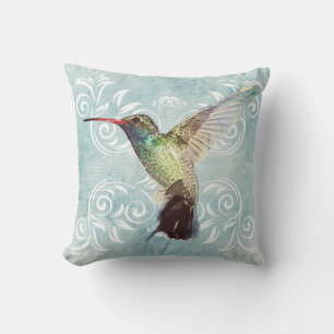 Coussin Colibri à l'Arrière - plan fleuri