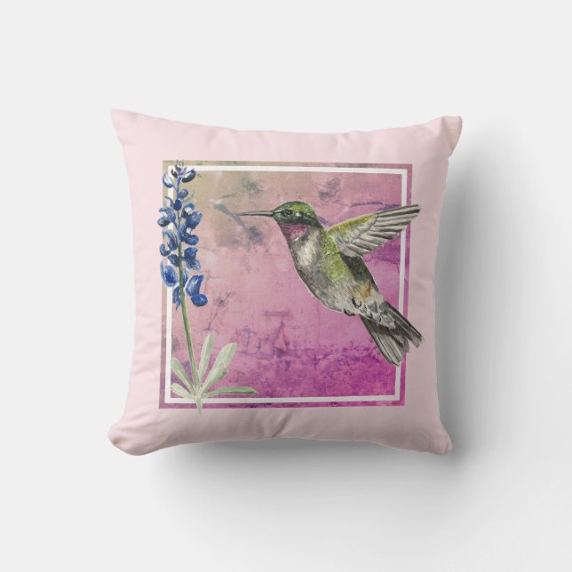 Coussin Colibri et Bluebonnet sur Arrière - plan rose (Recto)