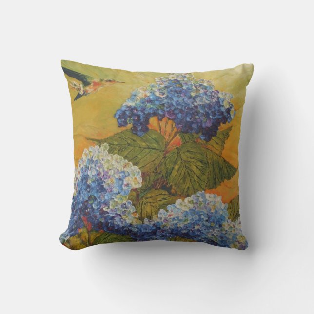 Coussin Colibri et carreau bleu d'hortensia (Recto)