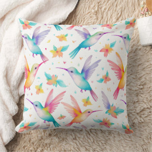 Coussin Colibri et motif floral pastel à l'aquarelle