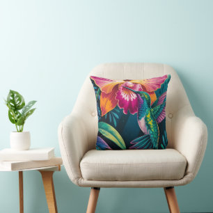 Coussin Colibri et orchidée tropicaux vibrants